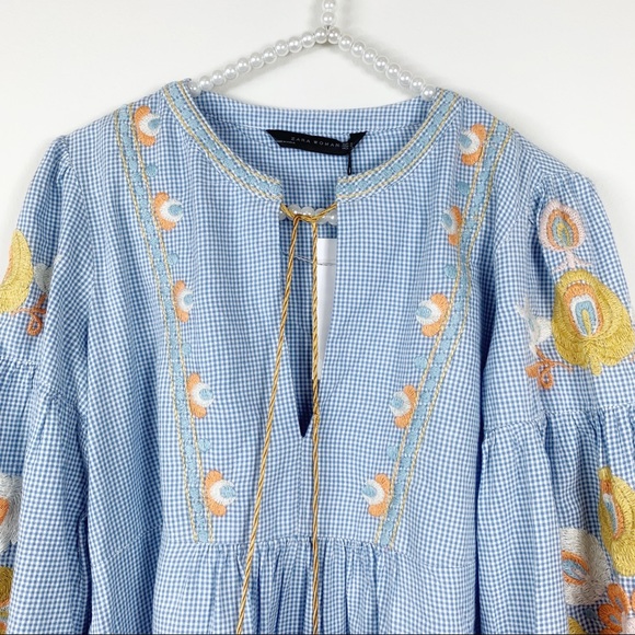 Zara Gingham blue embroidered checkered dress M - Picture 4 of 8